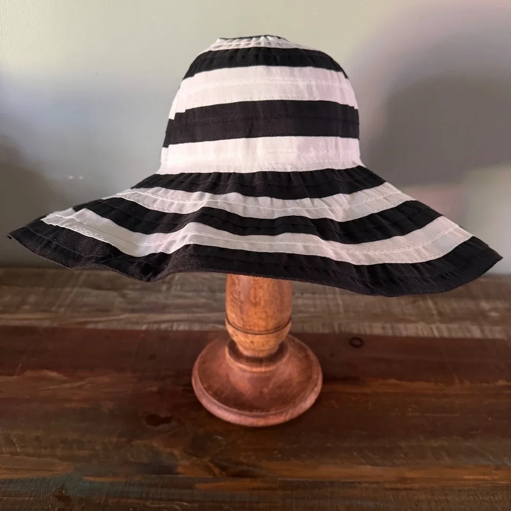 Kallina Sun Hat‎ Black White Striped UPF 50+ Packable Crushable Beachwear Resort